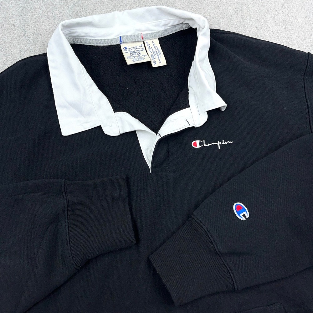 Champion Reverse Weave Sweatshirt Men Large Black Collared Rugby Retro Gusset